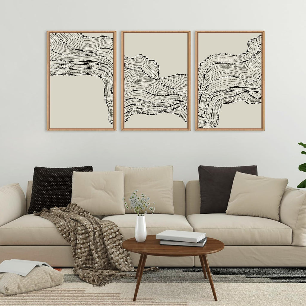 HLNIUC Neutral Abstract Framed Canvas Wall Art Set, Black Beige Wave Line Wall Decor, Large Minimalist Painting, Modern Geometric Art Print for Living Room, Bedroom, Dinning Room, Office - 24'x36'x3