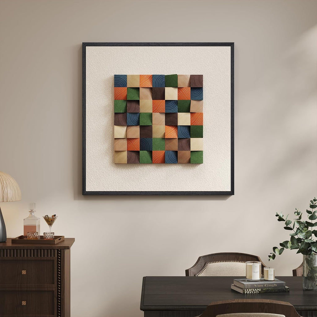 Framed 3D Textured Wood Abstract Wall Art for Living Room, Boho Colorful Geometric Beige Painting Artwork for Walls, Modern Minimalist Wall Decor, Hallway, Bedroom, Kitchen, Office，24 x 24 Inch