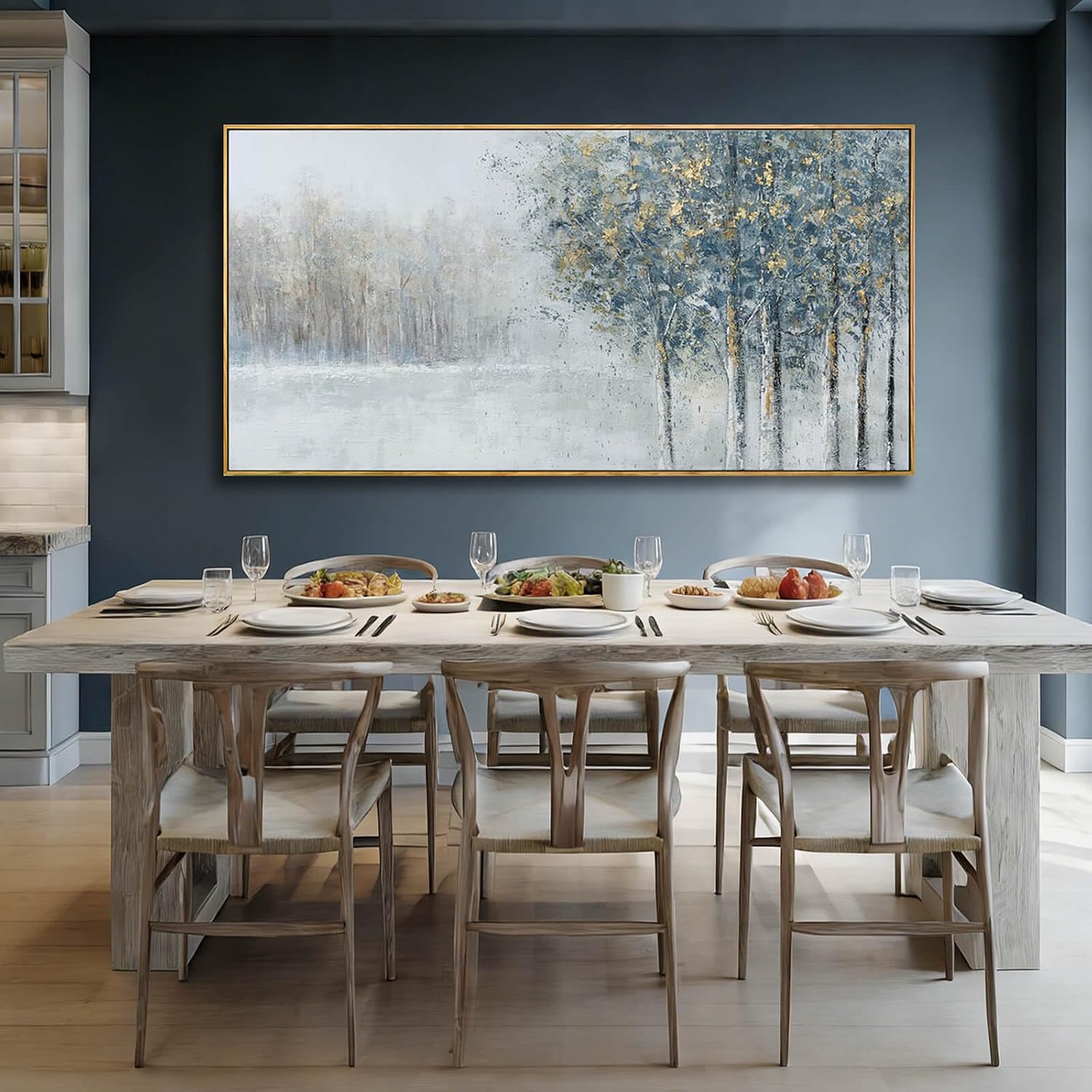 Grey Blue Tree of Life Wall Art 29x58 Inch, Large Framed Canvas Artwork with Wooden Frame, Pictures for Bedroom Wall Decor, Contemporary Forest Painting for Living Room or Hallway