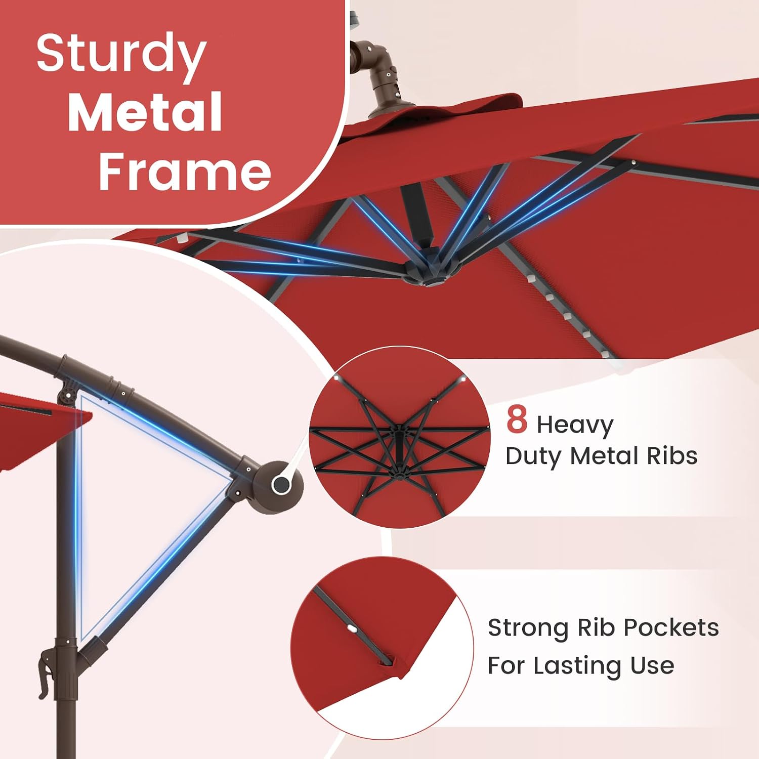 Tangkula 10FT Offset Patio Umbrella with Base Included, Outdoor Cantilever Umbrella with 40 Solar LED Lights, Tilt Adjustment, Crank Handle, Vented Top, Sand Bags for Pool Yard Deck (Burgundy)