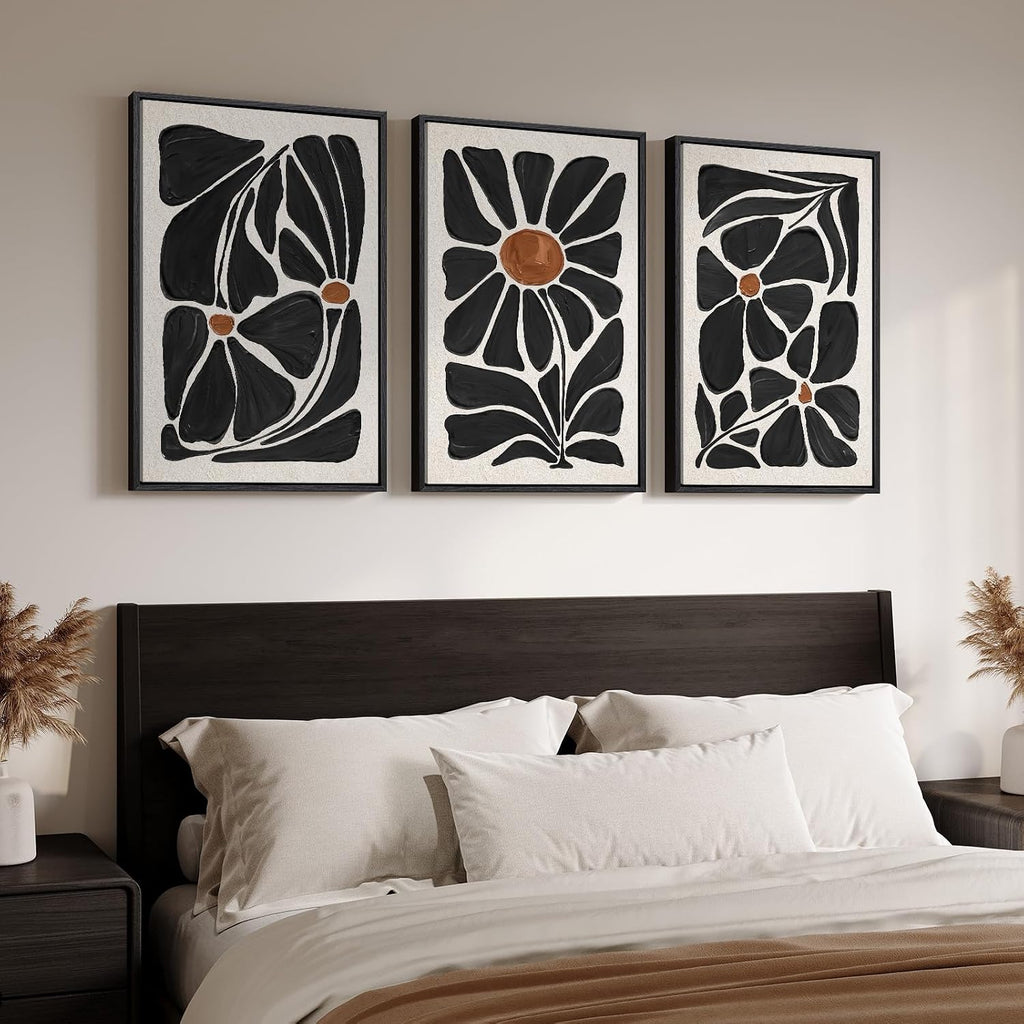 Large Framed Black and White Boho Floral Wall Art, 3 Piece Vintage Botanical Artwork for Walls, Bohemian Flowers Canvas Prints for Living Room Bedroom Hallway Office Home Decor, Total 30x60 Inch