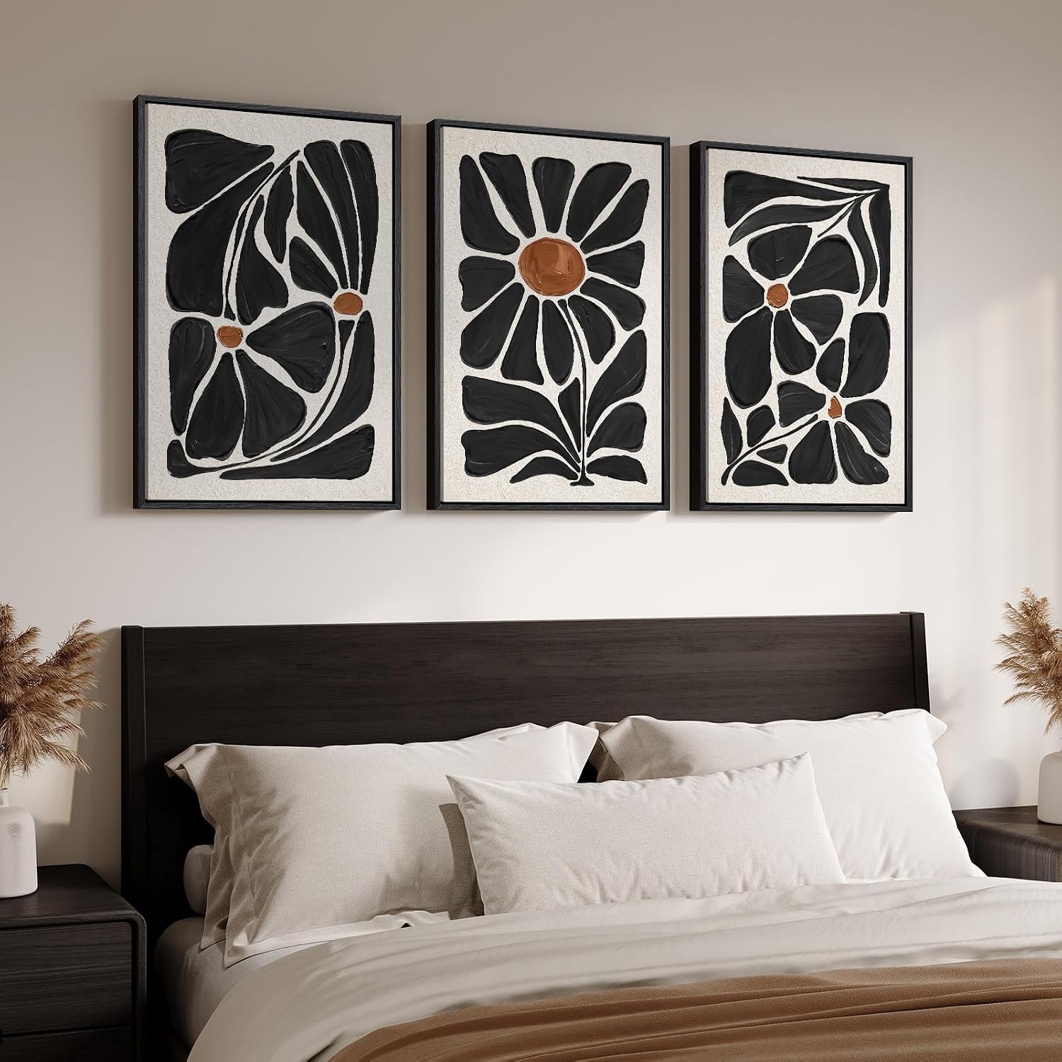 Large Framed Black and White Boho Floral Wall Art, 3 Piece Vintage Botanical Artwork for Walls, Bohemian Flowers Canvas Prints for Living Room Bedroom Hallway Office Home Decor, Total 30x60 Inch