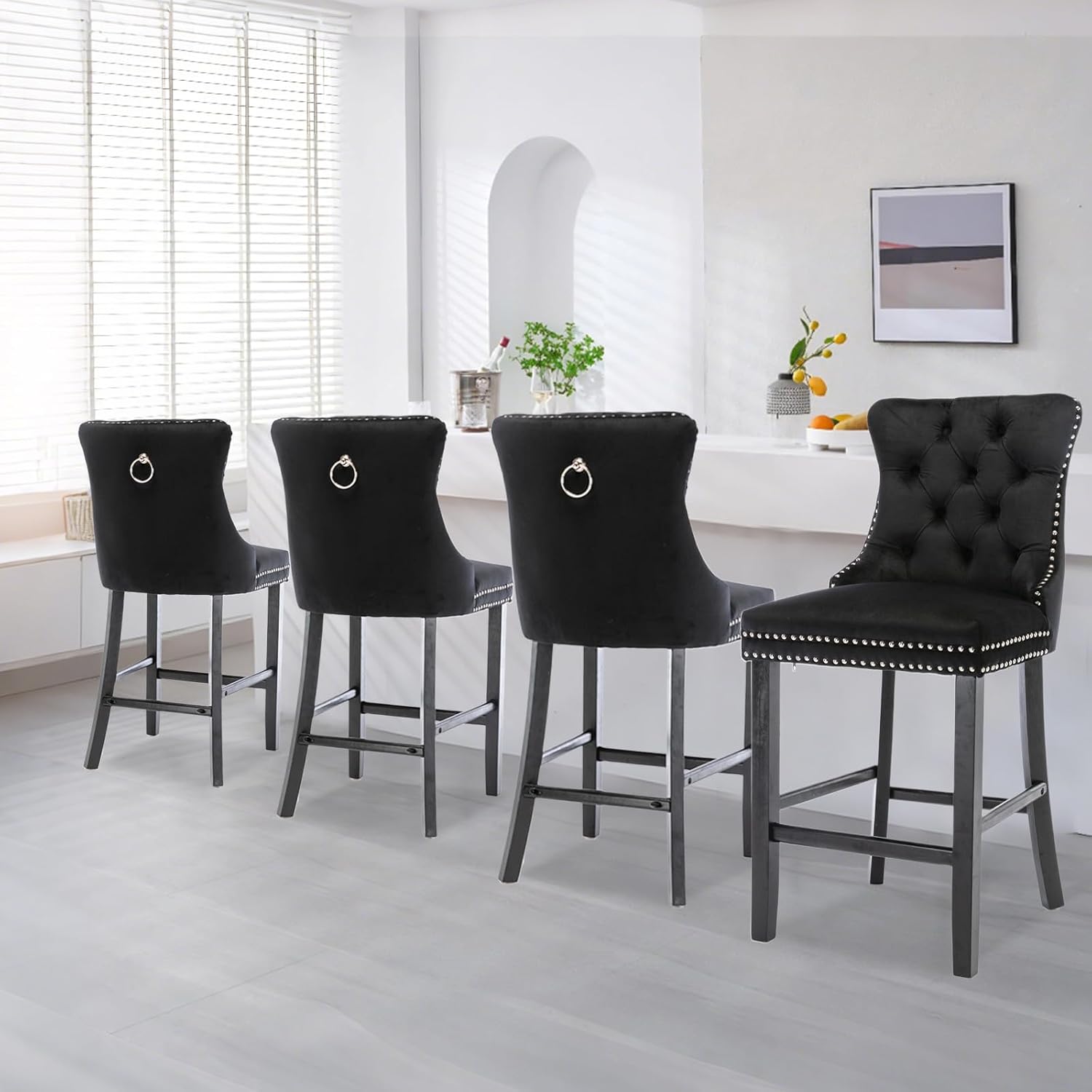 Elegant Velvet Bar Stools Set of 2,Delicate Upholstered Counter Height Barstool with Backrest,Wooden Legs Design for Kitchen Islands & Pubs（Black）