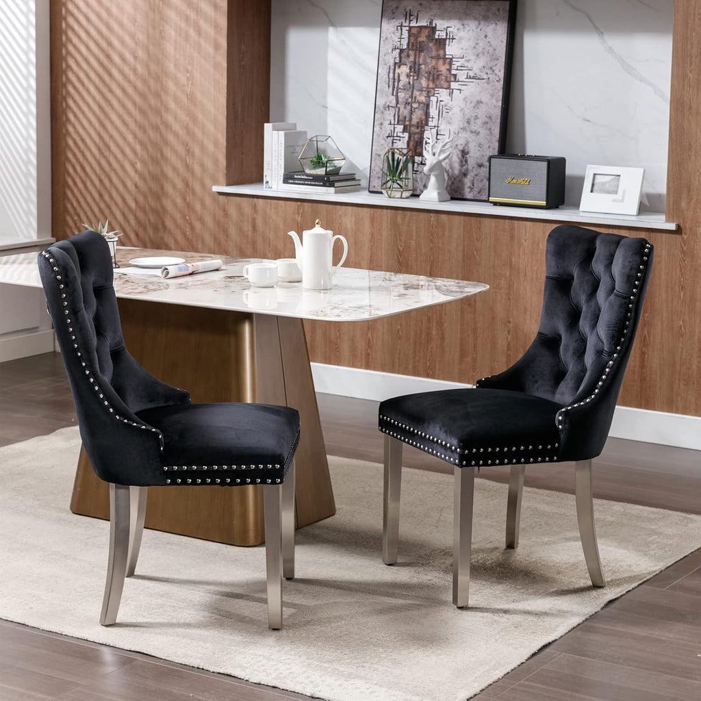2 Piece Contemporary Velvet Upholstered Dining Chair with Chrome Stainless Steel Plating Legs, Nail Head Decro, Armless Tufted Dining Chair Fabric Dining Room Chair (Black&Silver, Set of 2)