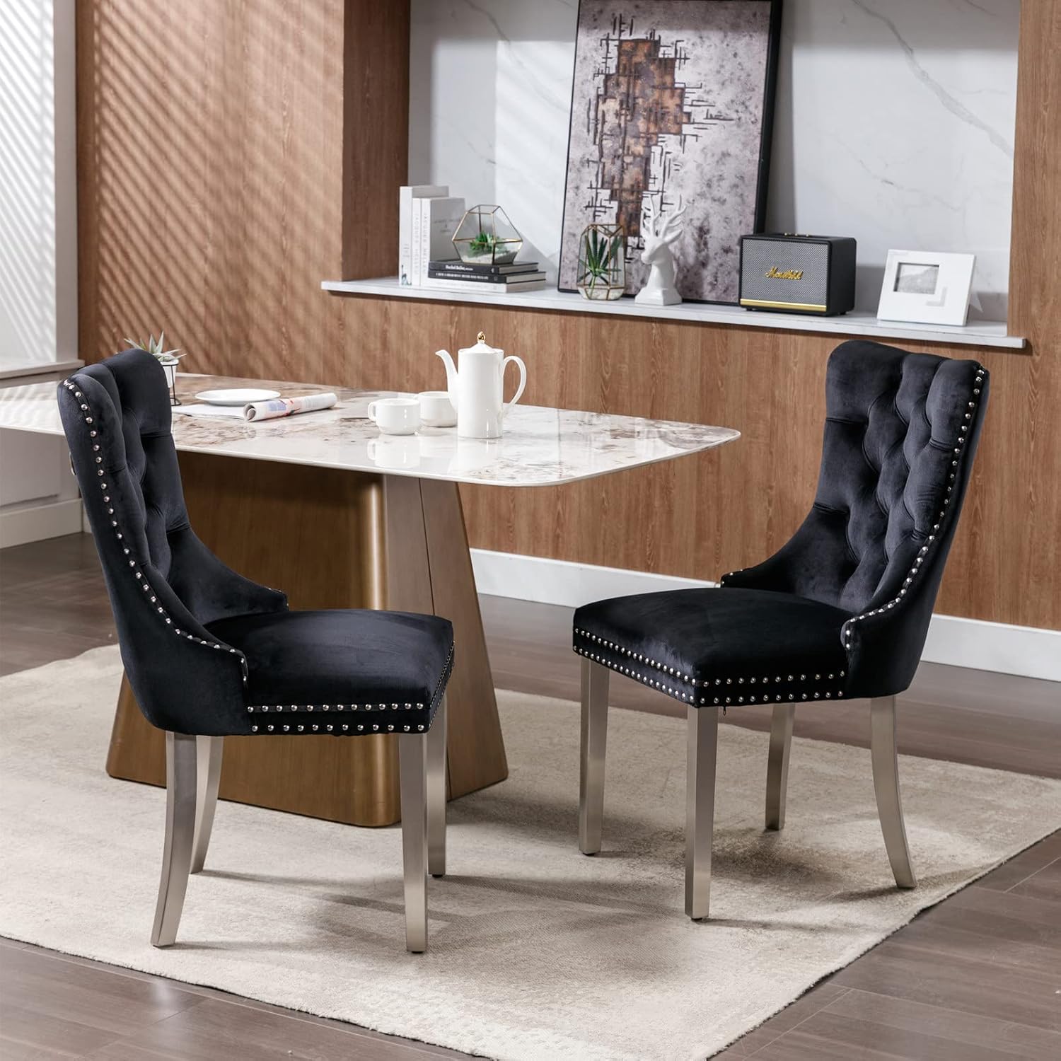 2 Piece Contemporary Velvet Upholstered Dining Chair with Chrome Stainless Steel Plating Legs, Nail Head Decro, Armless Tufted Dining Chair Fabric Dining Room Chair (Black&Silver, Set of 2)