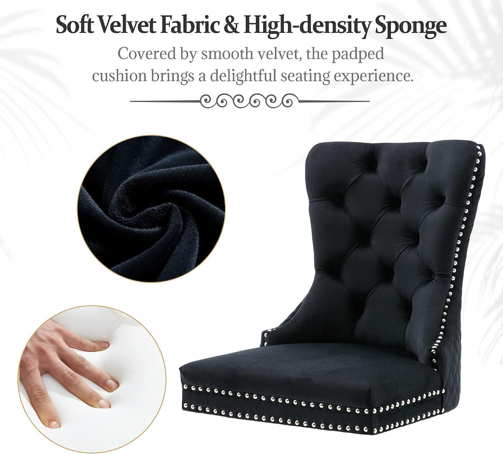 civama Dining Chairs Set of 2, Elegant Luxury Velvet Tufted Dining Chairs Silver Legs & Nailhead Trim, Back Lion Head Pull Ring & Rhomboid Pattern, Nikki Collection Armless Kitchen Chair, Black