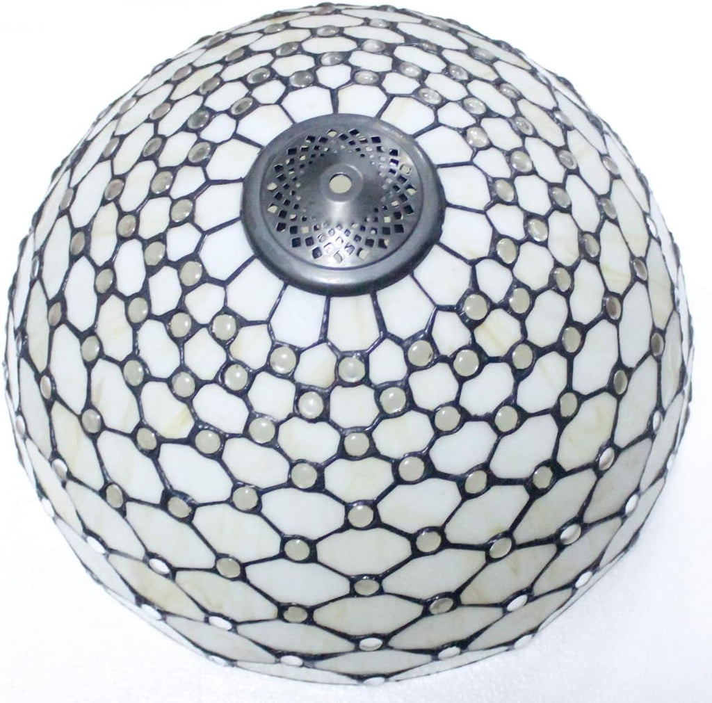 WERFACTORY Tiffany Table Lamp Stained Glass Bedside Lamp 16X16X24 Inches Cream Pearl Bead Desk Reading Light Metal Base Decor Bedroom Living Room Home Office S005 Series