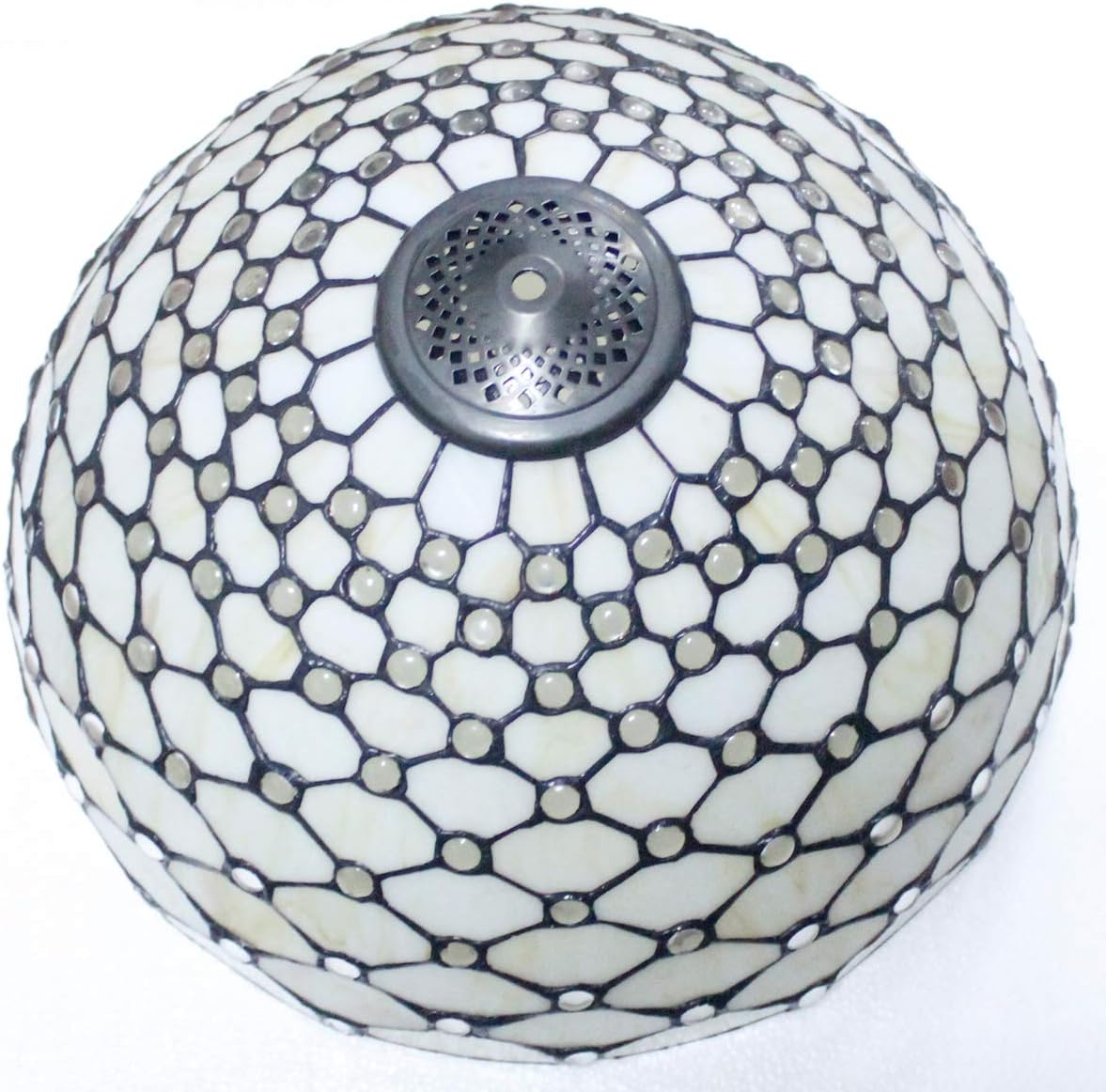 WERFACTORY Tiffany Table Lamp Stained Glass Bedside Lamp 16X16X24 Inches Cream Pearl Bead Desk Reading Light Metal Base Decor Bedroom Living Room Home Office S005 Series
