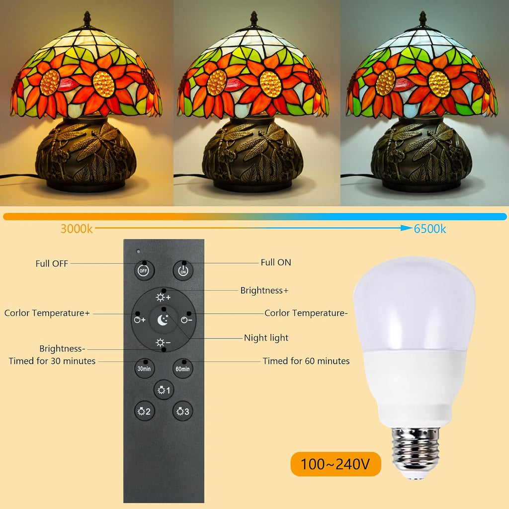 Tiffany Table Lamp,12 Inch Stained Glass Table Lamp,Mushroom Style Vintage Desk Lights Included E26 LED with Remote Control for Bedside,Bedroom,Living Room(Sunflower)