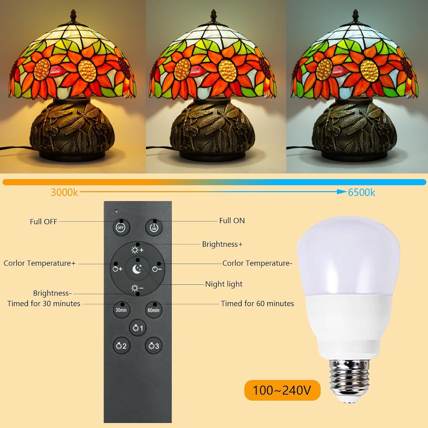 Tiffany Table Lamp,12 Inch Stained Glass Table Lamp,Mushroom Style Vintage Desk Lights Included E26 LED with Remote Control for Bedside,Bedroom,Living Room(Sunflower)