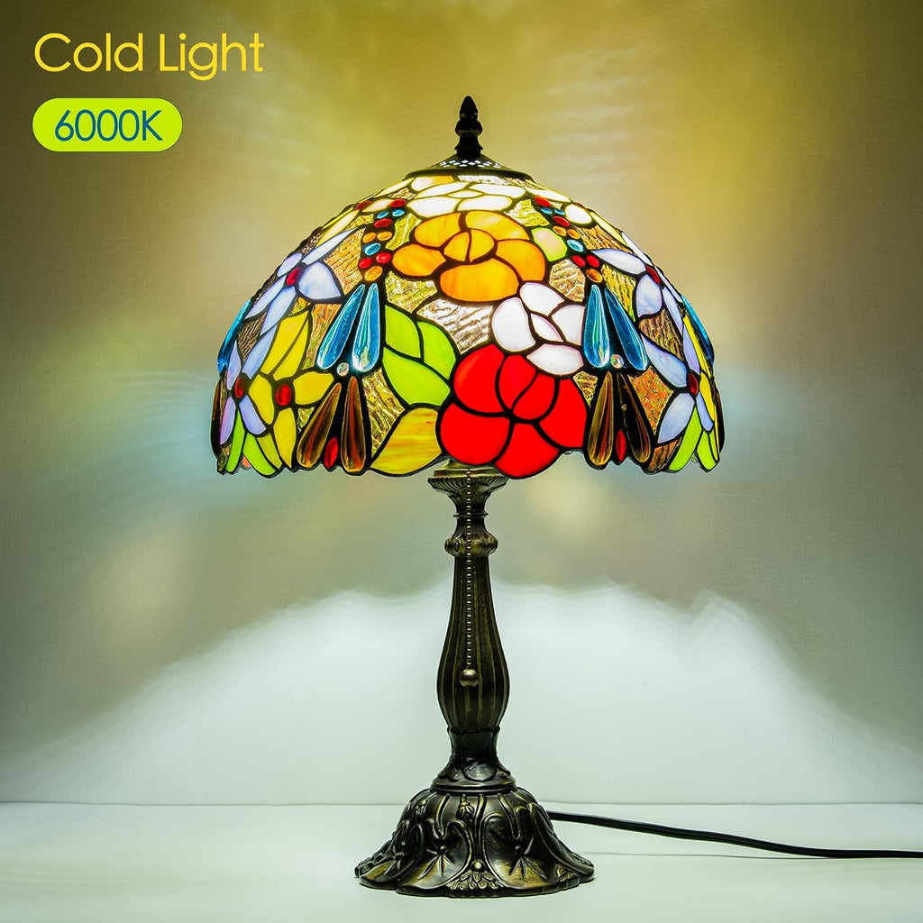 Tiffany Style Stained Glass Table Lamp, Floral Flower Desk Light with Antique Bronze Resin Base, Colorful Decorative Lighting for Bedroom, Living Room, Office 12X12X19 Inch (Flower Floral)