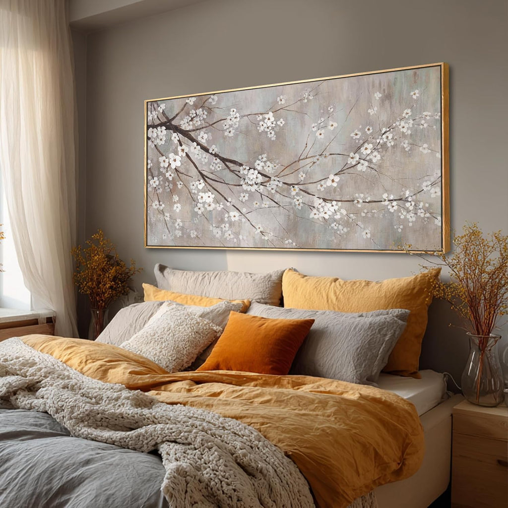XIANSHOU Plum blossom Wall Decor White Flowers Painting on Canvas Nature Wall Art for Bedroom 24'x 48' Wall Decorations for Living Room Office