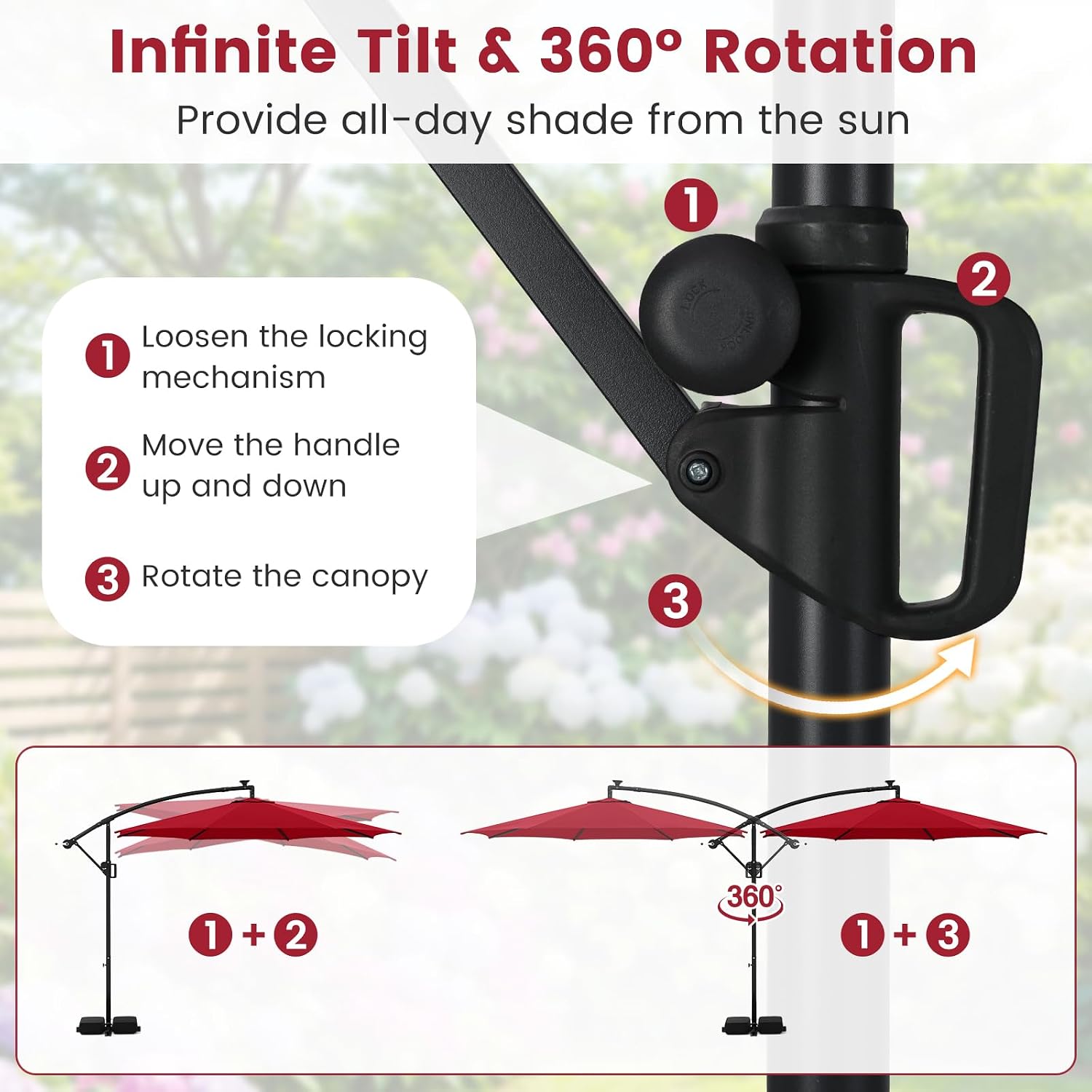 Tangkula 10 FT Solar Patio Umbrella with Base Included, Cantilever Offset Hanging Outdoor Umbrella with 96 Multi-Colored Flowing LED Lights, 9 Modes, Tilt Adjustment, 360° Rotation, Crank for Pool Yard Deck Lawn (Red)