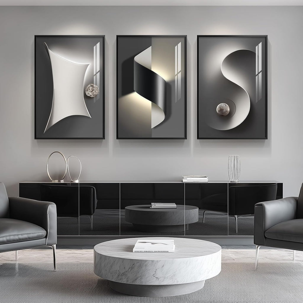 Framed Modern Black and White Abstract Wall Art for Living Room, Large 3 Piece Bright Style Silvery Artwork for Walls, Luxury Painting Prints for Dining Room Hallway Office Wall Decor, 24x36 In