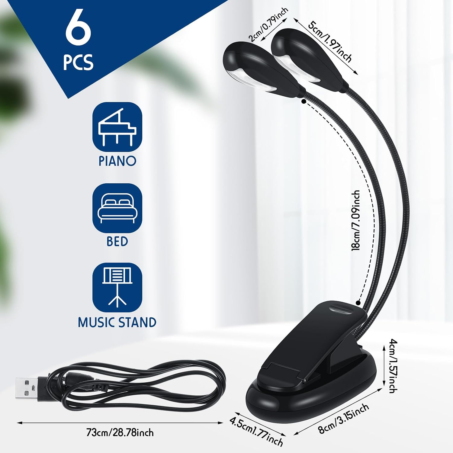 Rossesay 40 Pcs Music Stand Light Bulk Clip on LED Book Lights USB and AAA Battery Operated Brightness Dual Arm Clip Lamp Rechargeable for Eye Protection Bookworms Orchestra Readers Piano Player