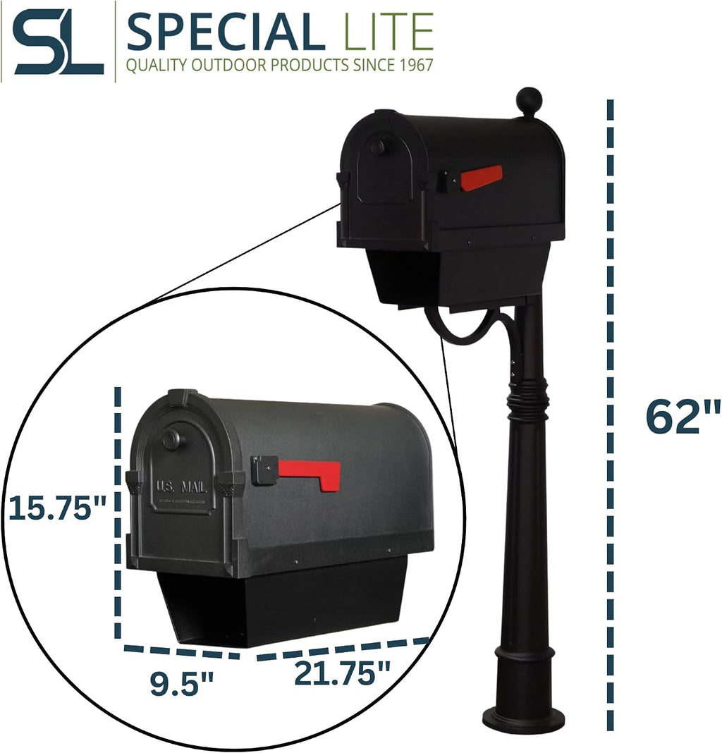 Special Lite Savannah Curbside Mailbox with Paper Tube with Ashland Post - Black Aluminum Mailbox with Post - SCS2014-SPK600-BLK
