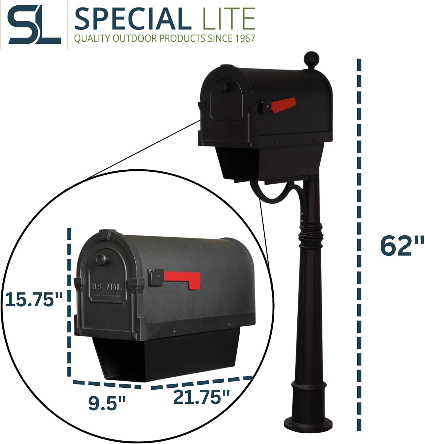 Special Lite Savannah Curbside Mailbox with Paper Tube with Ashland Post - Black Aluminum Mailbox with Post - SCS2014-SPK600-BLK