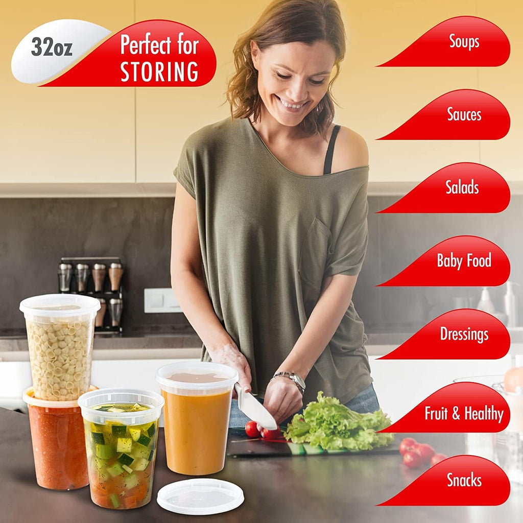 Deli Containers with Lids Leakproof - 240 Pack BPA-Free Plastic Microwaveable Clear Food Storage Container Premium Heavy-Duty Quality, Freezer & Dishwasher Safe (32oz 240 Sets)