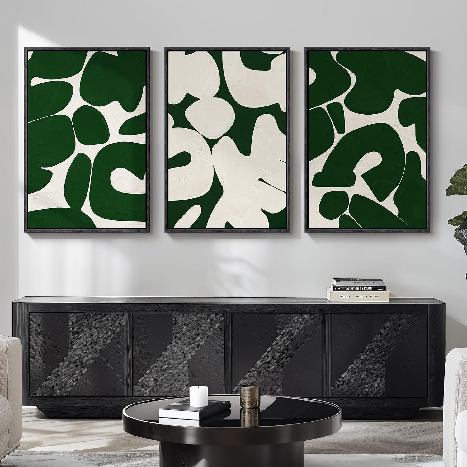 Large Framed Green and White Abstract Wall Art for Living Room, Set of 3 Minimalist Canvas Prints Paintings Artwork for Walls, Mid-Century Modern Pictures for Entryway, Hallway Wall Decor 24x36 In