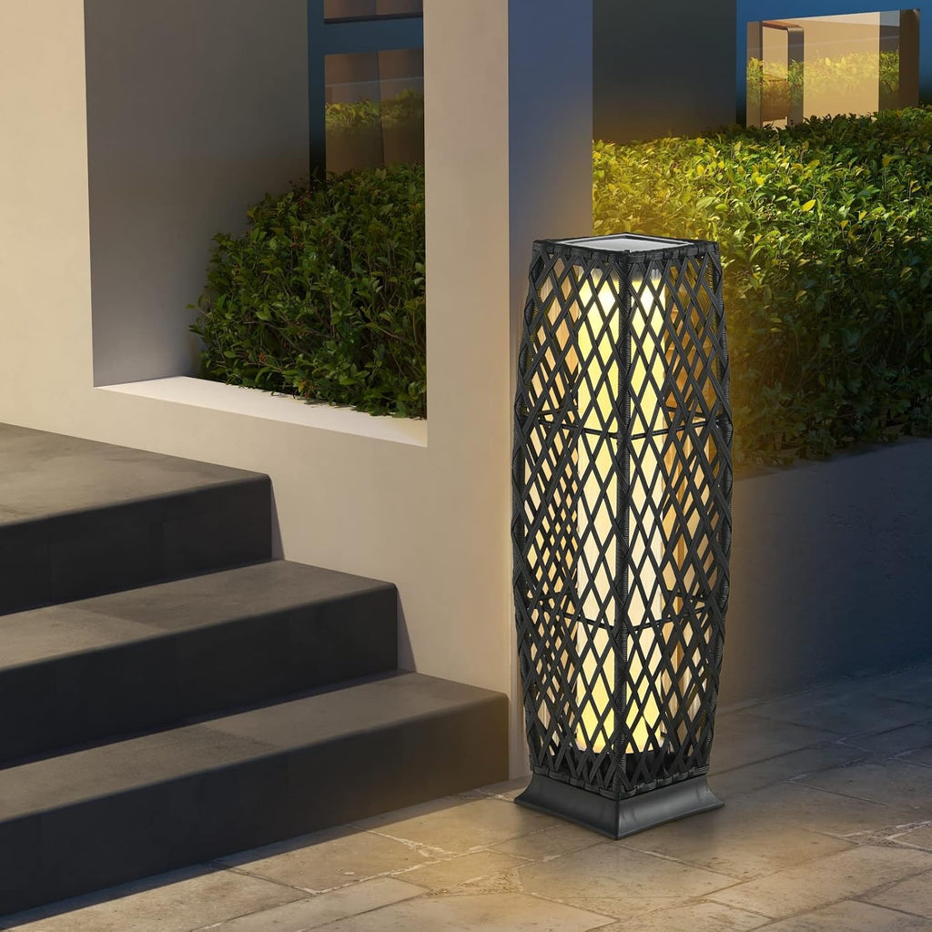 Tangkula 2 Pieces Outdoor Solar Powered Floor Lamps, IP65 Waterproof Wicker Floor Lamps with Auto On/Off LED Light, Outdoor Decor Lanterns for Garden Porch Pool Pathway Driveway (Diamond-Black)