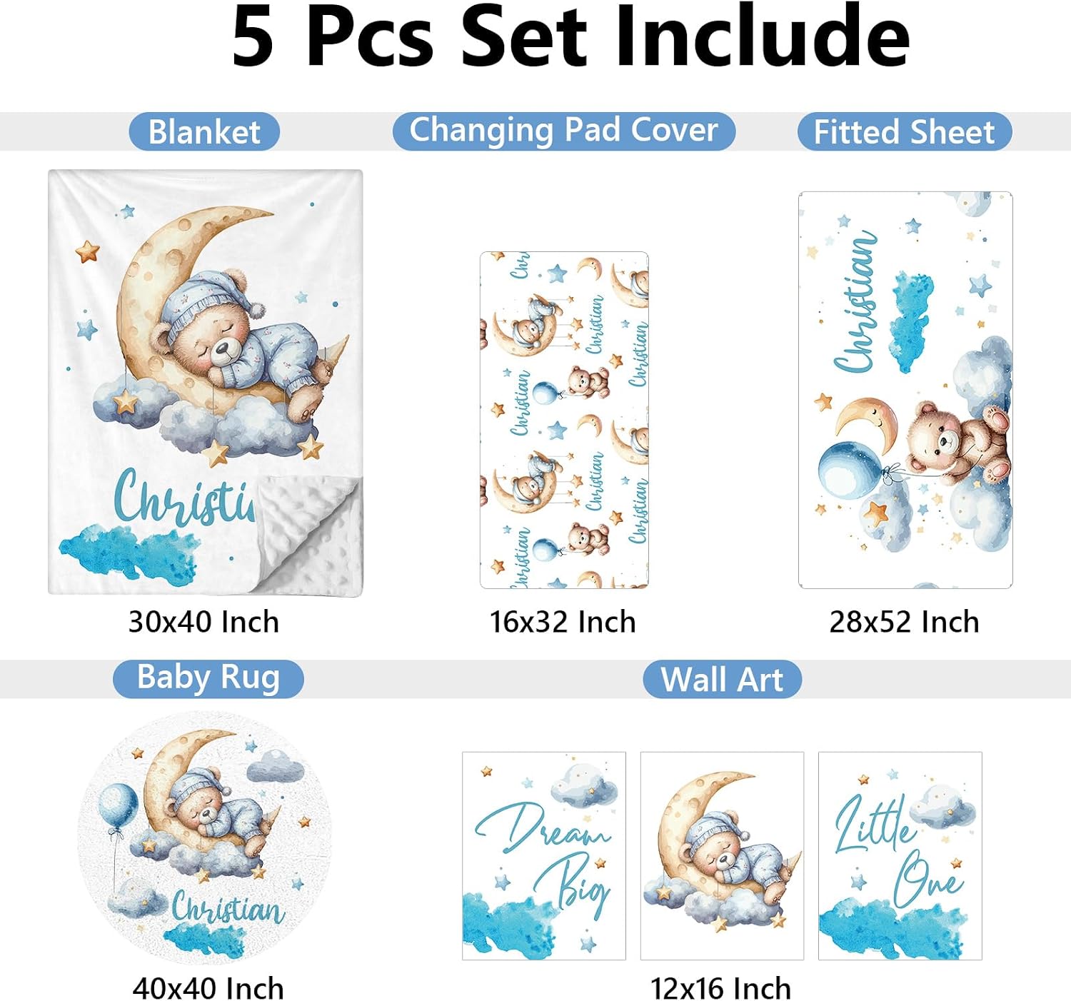 KAINSY Personalized Crib Set, 5 Pcs Custom Baby Crib Set with Name, Blue Moon Bear Baby Bedding Set for Boys Girls, Double Layer Nursery Bedding Set, Toddlers Infants New Parents Gift