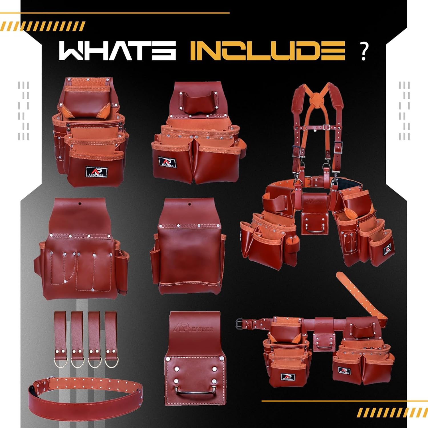 AP-LEATHER PRO-19 100% Genuine Full Grain Leather Tool Belt/Pouch/Bag, tool belt with suspenders, Comfort Back Support Tool Pouches With Suspenders (Maroon)