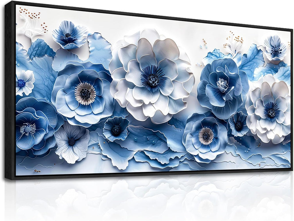 XIGUANGART Large Flower Prints Wall Art for Living Room Blue and White Paintings for Office Modern Black Framed Artwork Floral Pictures Wall Decoration for Bedroom Kitchen Women Aesthetic Home Decor