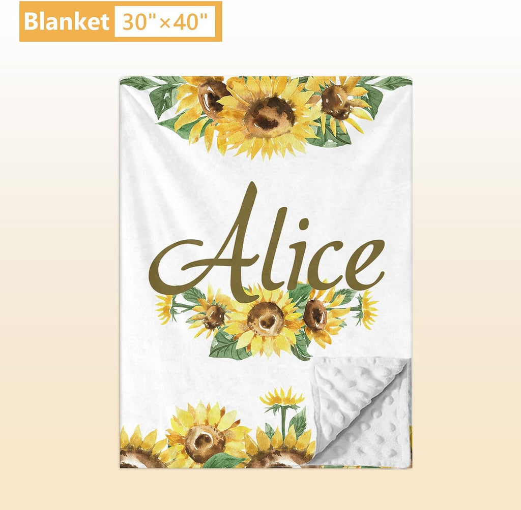 Terwex Personalized Baby Bedding Set - 5 Pcs Custom Infants Bedding Set with Infant Name - Double Layer Nursery Crib Set for Girls Boys - Customized Gifts for Toddler Baby Shower - Yellow Sunflower