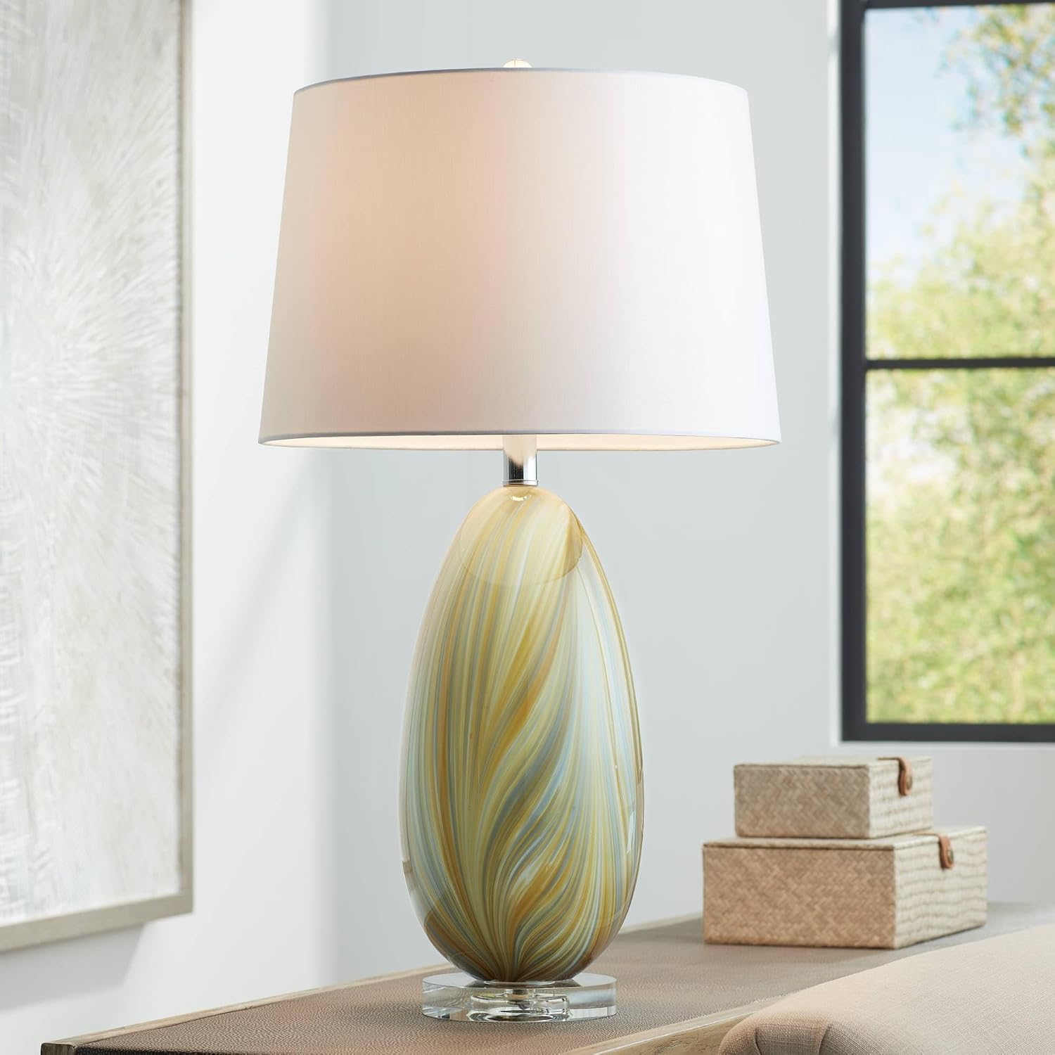 Possini Euro Design Pablo 27' Tall Modern 3-Way Table Lamp Yellow Vortex Finish Art Glass Single Fabric White Shade Living Room Bedroom Bedside Nightstand House Office Home Reading Kitchen Entryway