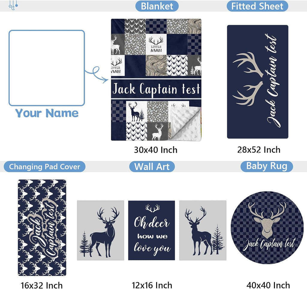 KAINSY Personalized Baby Bedding Set, 5 Pcs Custom Name Crib Bedding Set, Double Layer Blue Nursery Bedding Set for Baby Boys, Woodland Deer Baby Crib Set, Gifts for Toddlers Infants New Parents