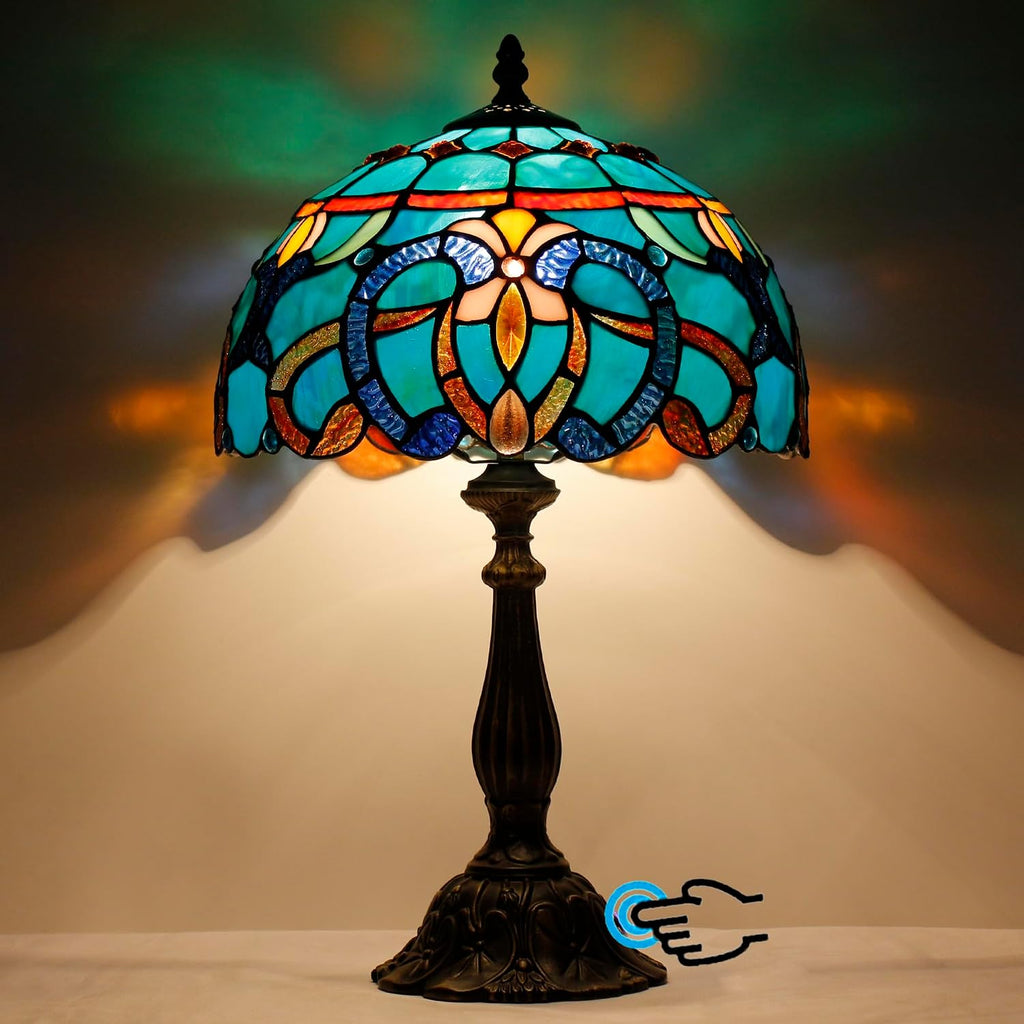 Tiffany Lamp Touch Control Table Lamp Blue Green Stained Glass Desk Lamp 12X12X19 Inches Baroque Style Reading Light