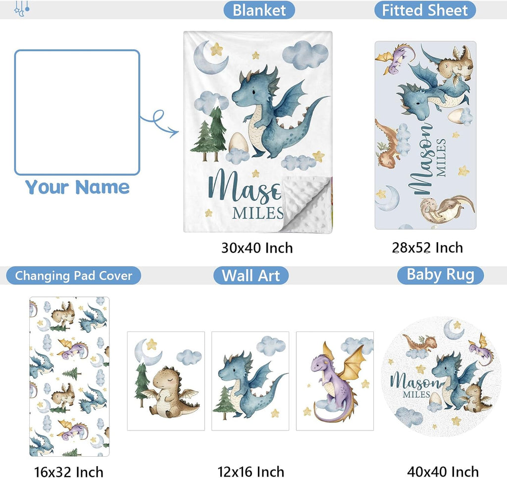 KAINSY Custom Crib Bedding Set 5 Piece for Baby Boys – Personalized Flying Dinosaur Theme, Newborn Sleep Set, Nursery Decor, Toddler Room Essentials, Infant Sleep, Baby Room Accessories, Baby Gift