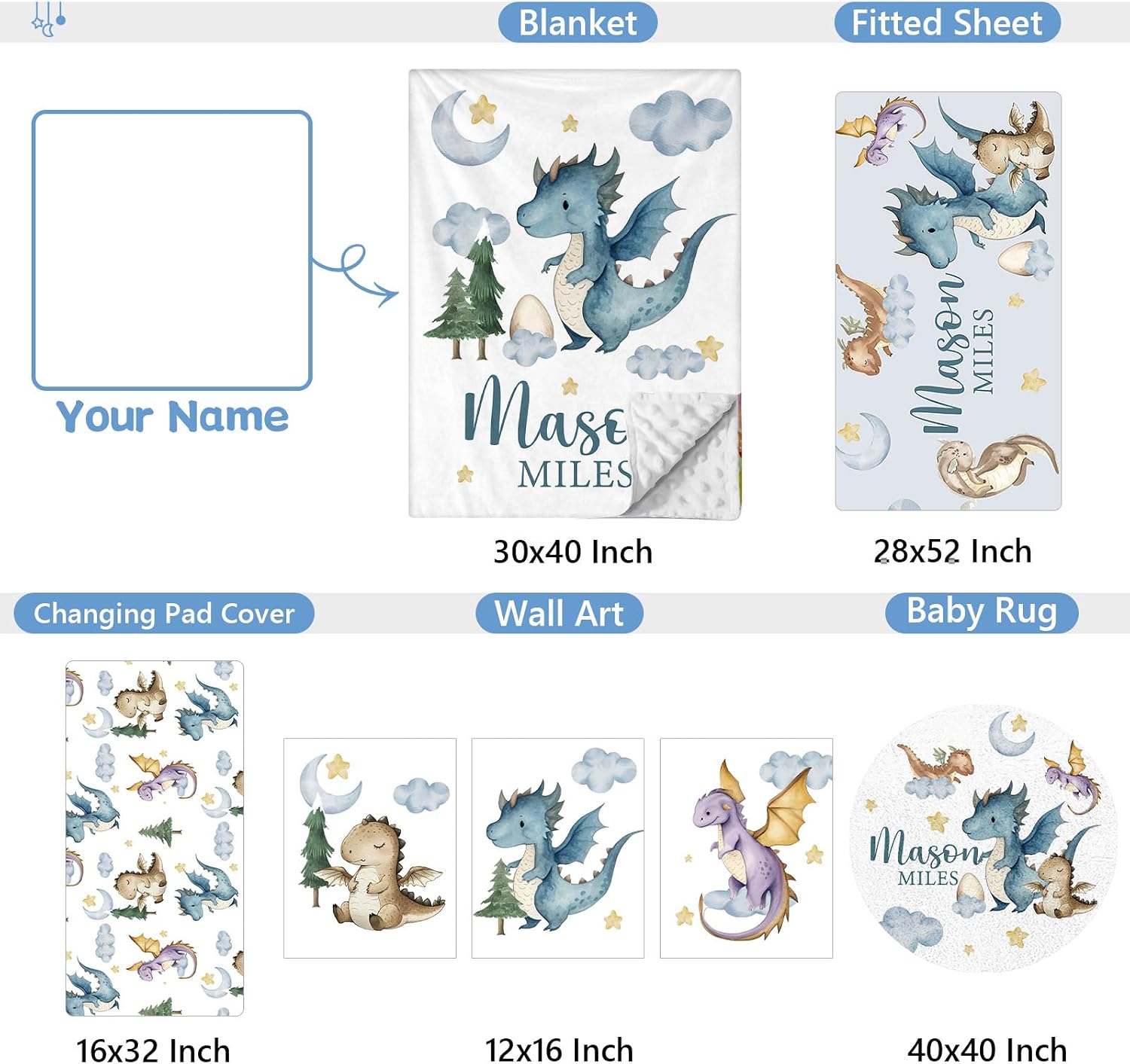 KAINSY Custom Crib Bedding Set 5 Piece for Baby Boys – Personalized Flying Dinosaur Theme, Newborn Sleep Set, Nursery Decor, Toddler Room Essentials, Infant Sleep, Baby Room Accessories, Baby Gift