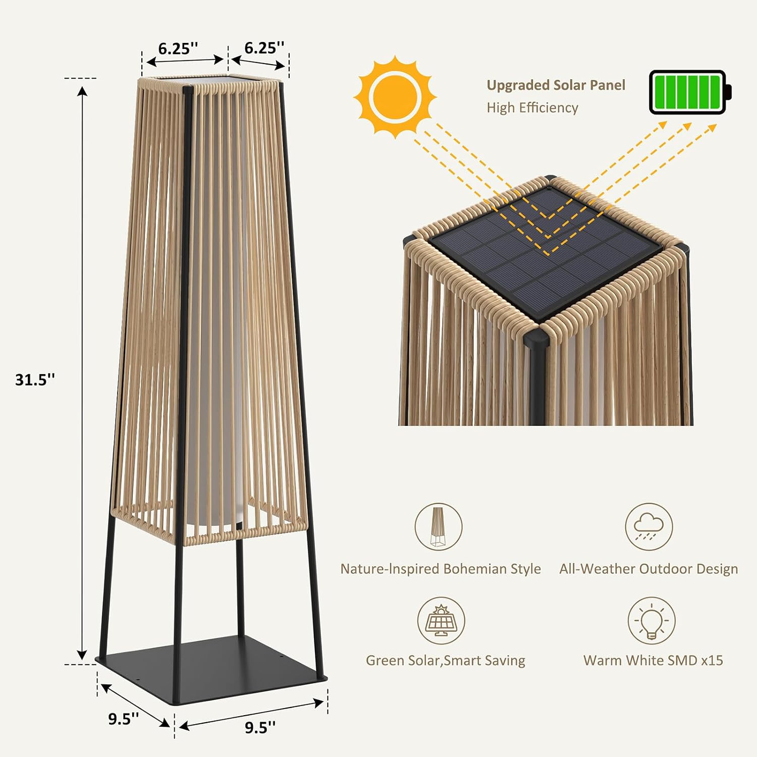 Outdoor Floor Lamp Set of 2, Rattan Solar Lanterns Outdoor Waterproof for Balcony, Deck, Garden & Patio (Natural)