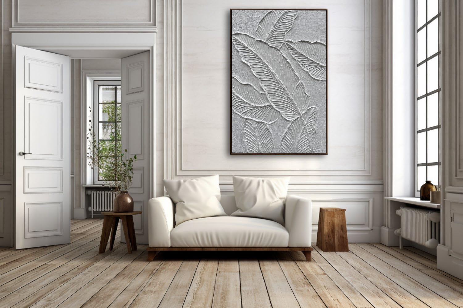 Slyart White Textured Wall Art, Hand Painted Canvas Abstract Wall Art Framed, 3D Minimalist White Leaf Plant Painting 24'x36'