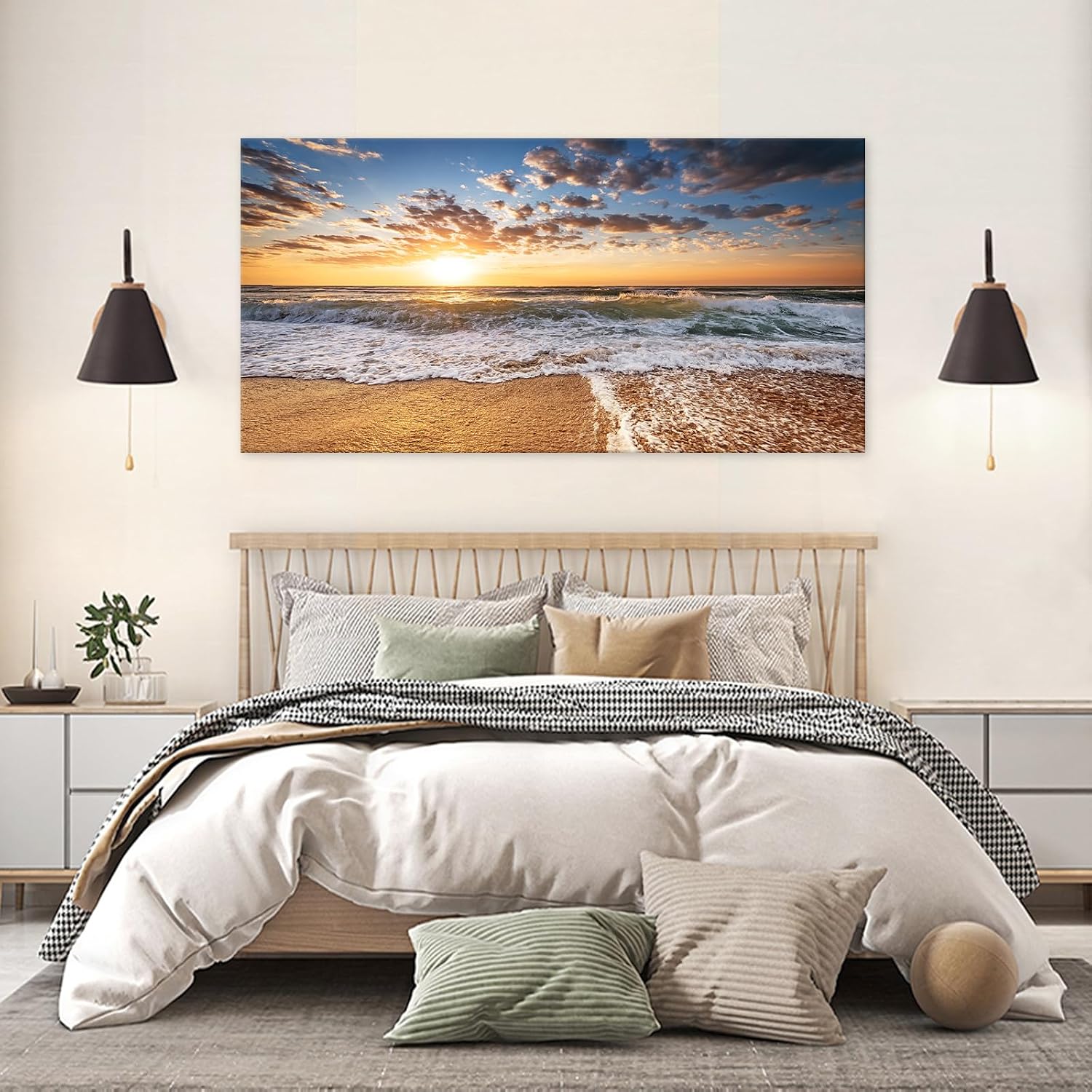Jiuqinghua Wall Art Decor Large Canvas Print Picture Sunrise over the Sea 1 Panel Ocean Beach Waves Scenery Painting Artwork for Office Wall Decor Home Decoration Stretched and Framed Ready to Hang