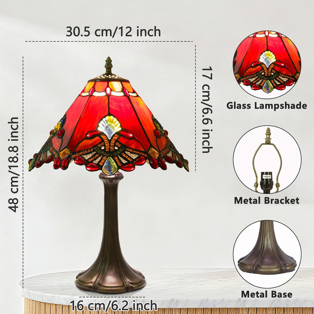 Tiffany Style Table Lamp, Small Stained Glass Lamp for Bedside, Bedroom, Nightstand, Living Room, 12 Inch Mini Vintage Light Included E26 Bulbs with Remote Control (Red Umbrella)