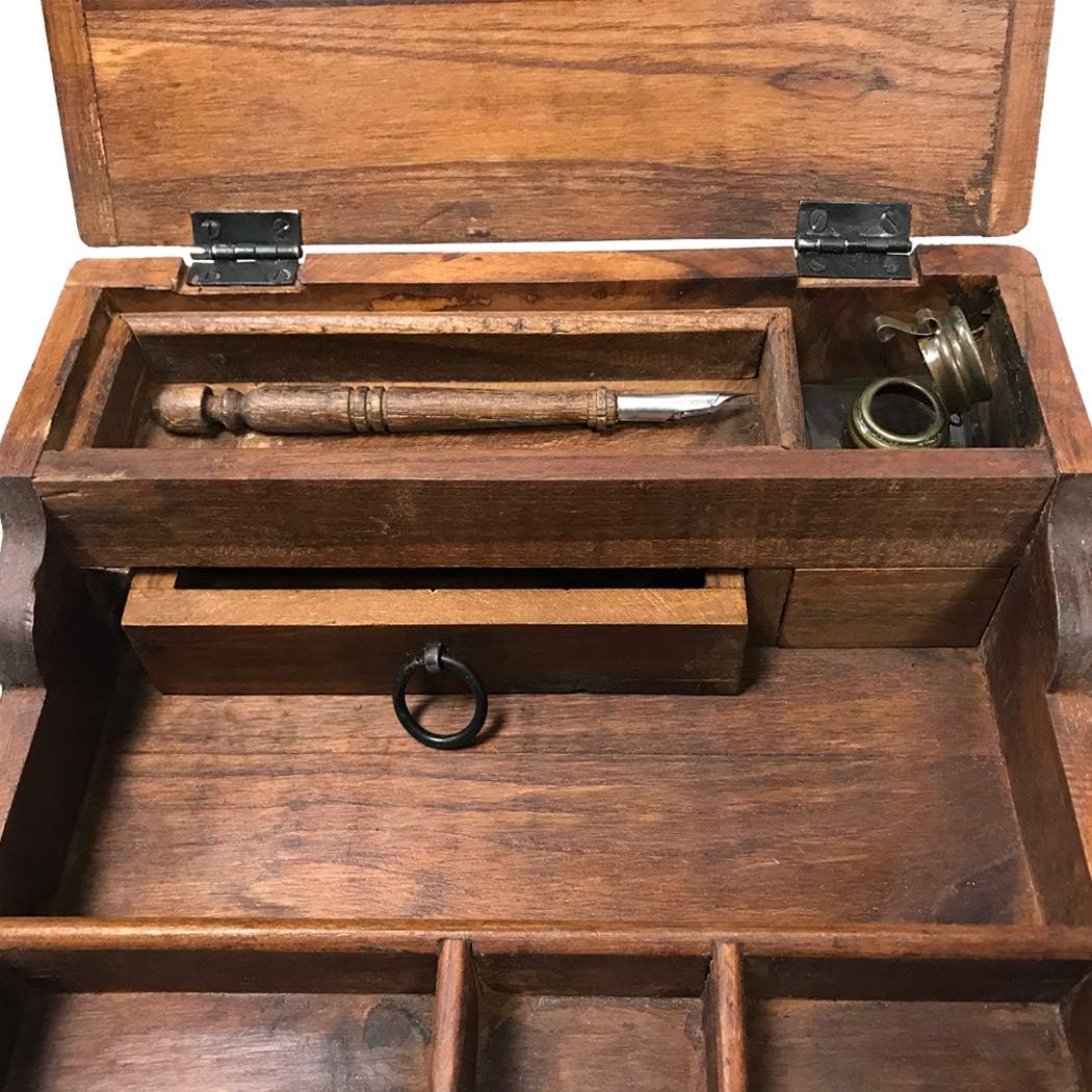SCHOONER BAY 10-1/2' Colonial Style Distressed, Teak Wood Writing Box Reproduction with Accessories- Antique Reproduction