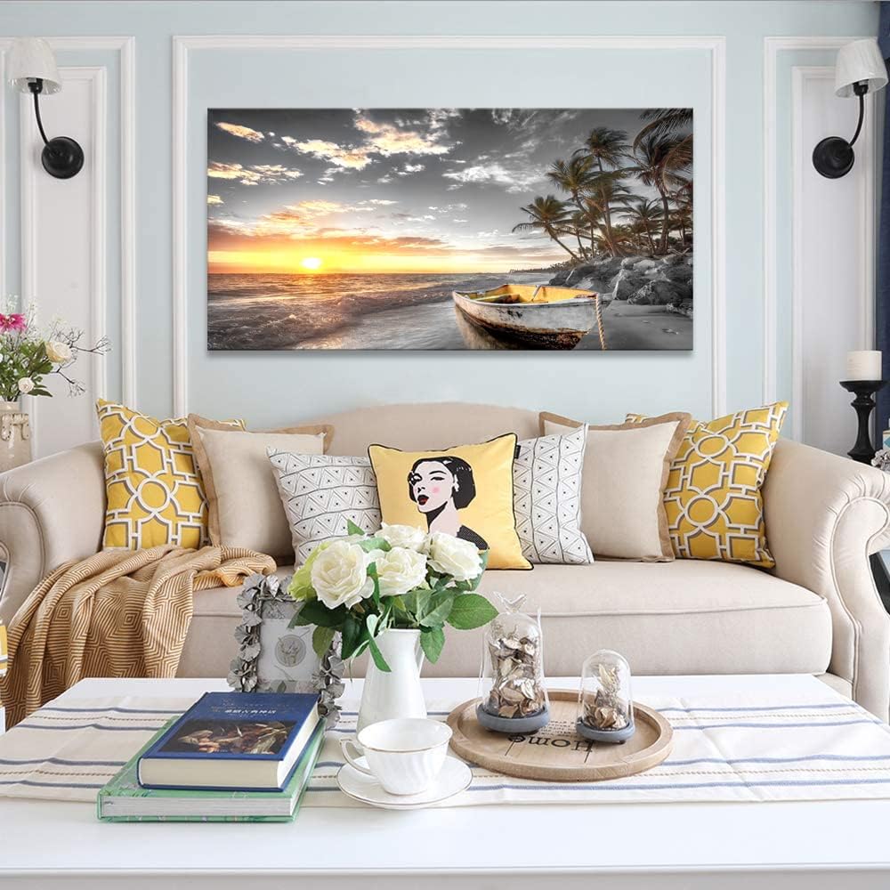 Beach Wall Art Canvas Prints Art Black and White Sunset Seascape Pictures Bedroom Decor Boat Tree Ocean Landscape Painting for Living Room Office Decoration Natural Scenery Artwork 28 x 57inches