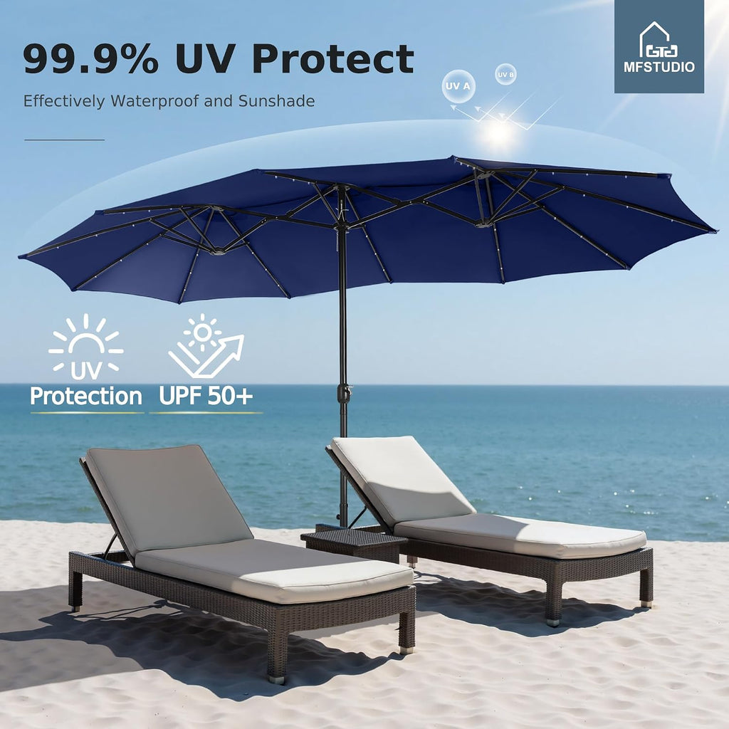 MFSTUDIO 15ft Double Sided Patio Umbrella with Solar Lights, Outdoor Large Umbrellas with Crank Handle and 36 LED Lights, Rectangular Market Umbrella with Base Included for Deck Pool Shade, Navy Blue