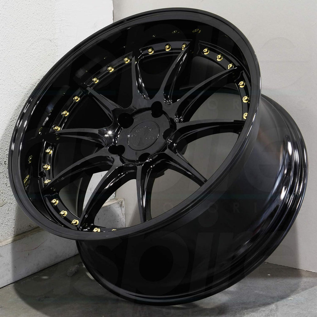Aodhan DS-07 Custom Wheel - 18x10.5, 22 Offset, 5x114.3 Bolt Pattern, 73.1mm Hub - Gloss Black with Gold Rivets Rim