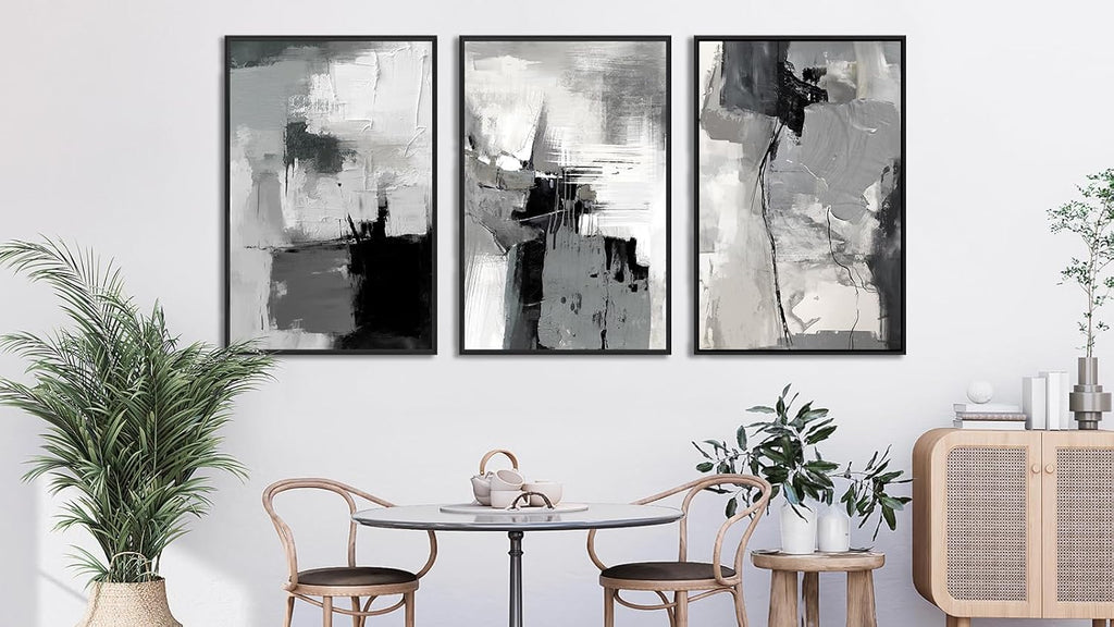 Large Framed Canvas Wall Art - Retro Grey Graffiti Pictures for Living Room Rustic Abstract Wall Decor Vintage Prints for Bedroom Dinning Room Black Float Framed 24' X 36' X 3 pcs