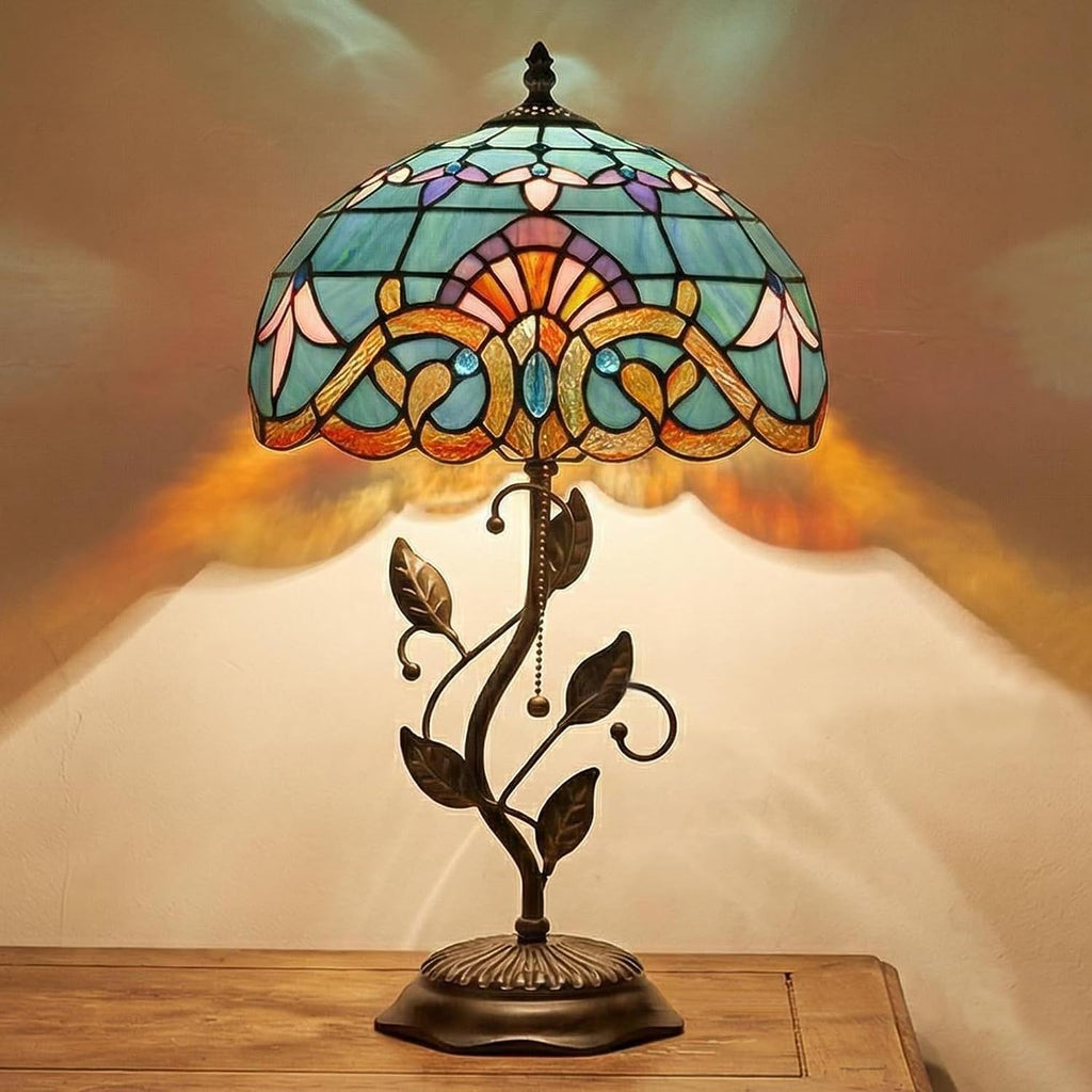 Tiffany Table Lamp Stained Glass Desk Lamp Metal Leaf Base Reading Light 12X19 Inch (Baroque Style)
