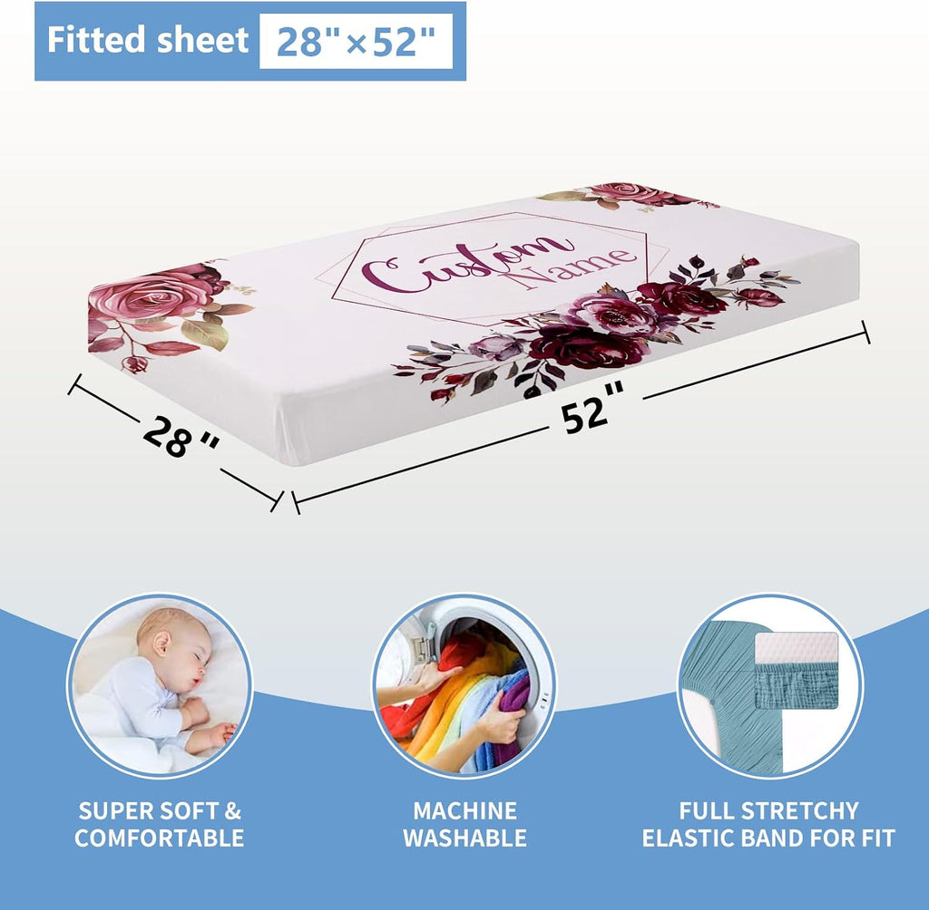 KAINSY Personalized Crib Bedding Set for Girls, 5 Pcs Nursery Bedding Crib Sets, Soft Custom Flowers Baby Crib Set with Name, Double Layer Baby Bedding Set Customized Gifts for Infants Toddlers Kids