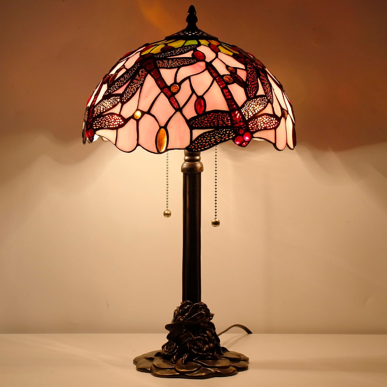 Tiffany Table Lamp Stained Glass Desk Lamp 12X12X21Inch Resin Base for Bedroom Living Room Reading Light (Pink Dragonfly)