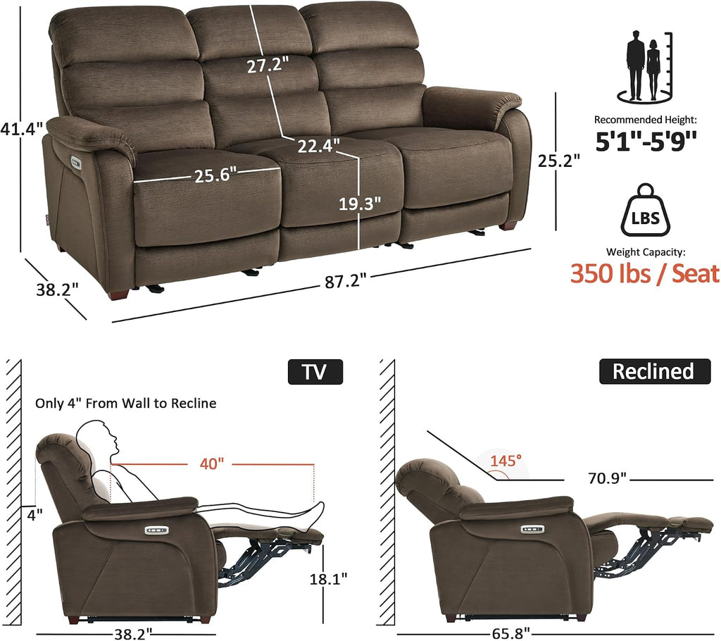 MCombo 87.2'' Wall Hugger Power Recliner Sofa with Drop Down Table, Reclining Sofa with Adjustable Headrest, USB Charge Ports, Reading Lamp, for Living Room, RVs, Fabric, ST258M3 (3-Seater, Coffee)