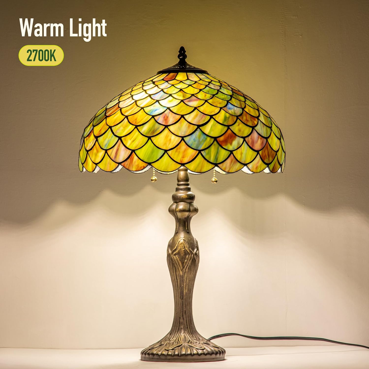 Tiffany Lamp 16' Gradient Green Fish Scales Stained Glass Table Lamp for Large Space Vintage Style Antique Bronze Base Desk Light Decorate Bedside Bedroom Living Room Entry Hallway Home Office