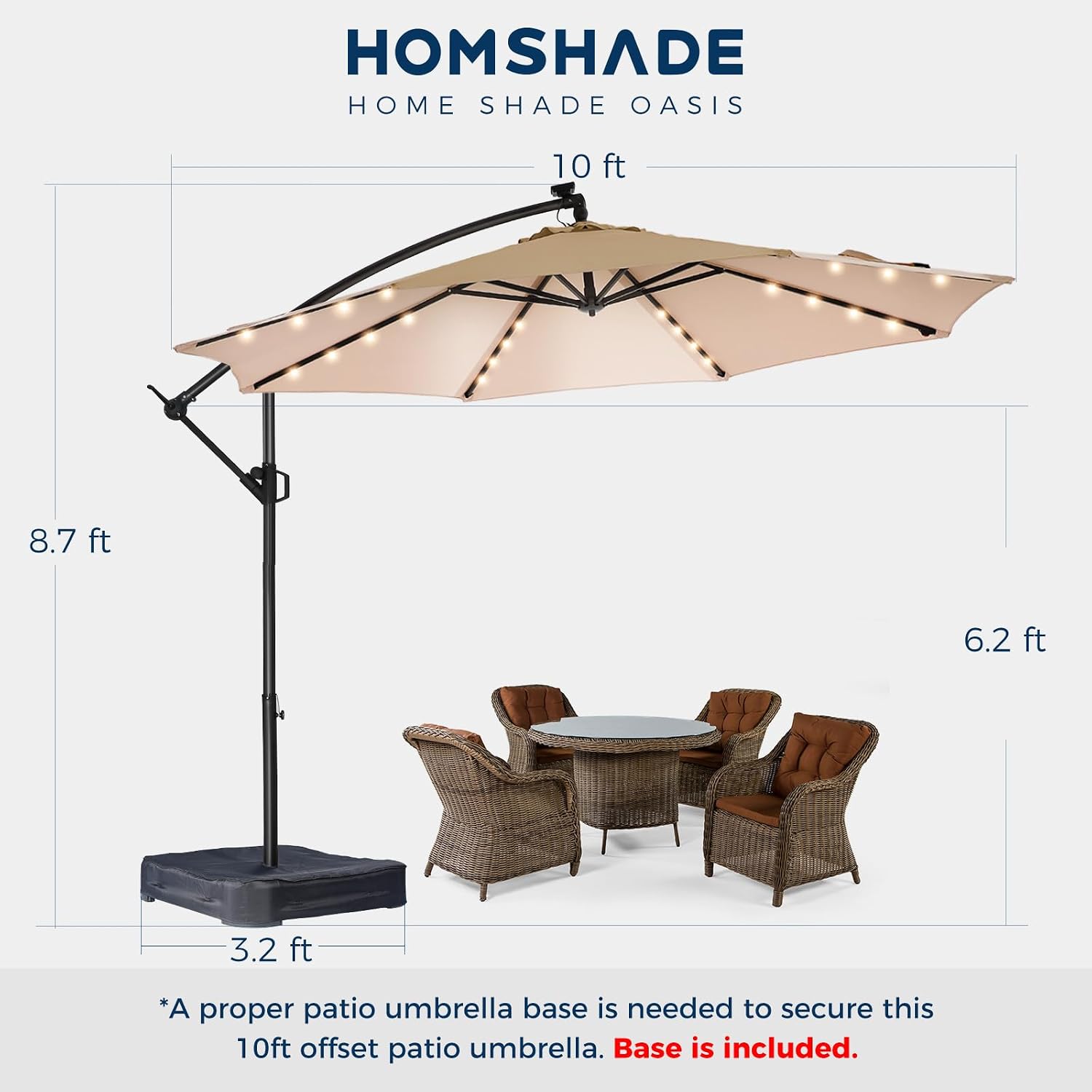 HOMSHADE 10ft Solar Lights Offset Cantilever Patio Umbrella - with Light and Base, LED Lighted Offset Hanging Patio Outdoor Market Umbrella UPF50+ UV Protection with Easy Tilt and Crank (Beige)