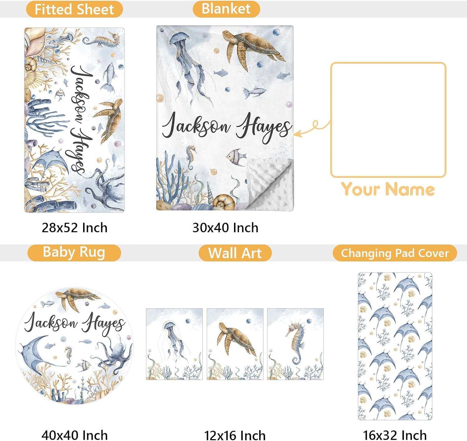 Terwex Custom Crib Bedding Set - 5 Pcs Customized Baby Crib Set with Name - Soft Double Layer Marine Animals Nursery Baby Bedding Set for Girls Boys - Personalized for Infant Toddler