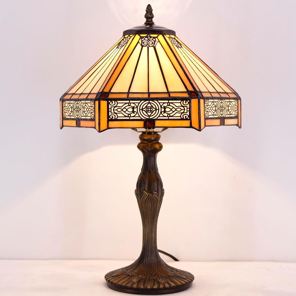 WERFACTORY Tiffany Lamp Yellow Hexagon Stained Glass Mission Style Table Lamp Desk Bedside Reading Light 12X10X18 Inches Decor Bedroom Living Room Home Office S011 Series